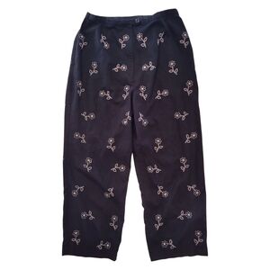VTG DressBarn Embroidered Daisy Linen Pants Black Floral Crop Waist About 28"